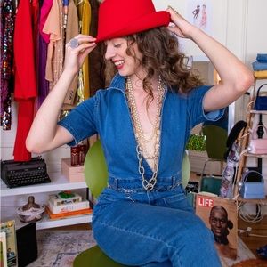 Plunging neckline denim jumpsuit